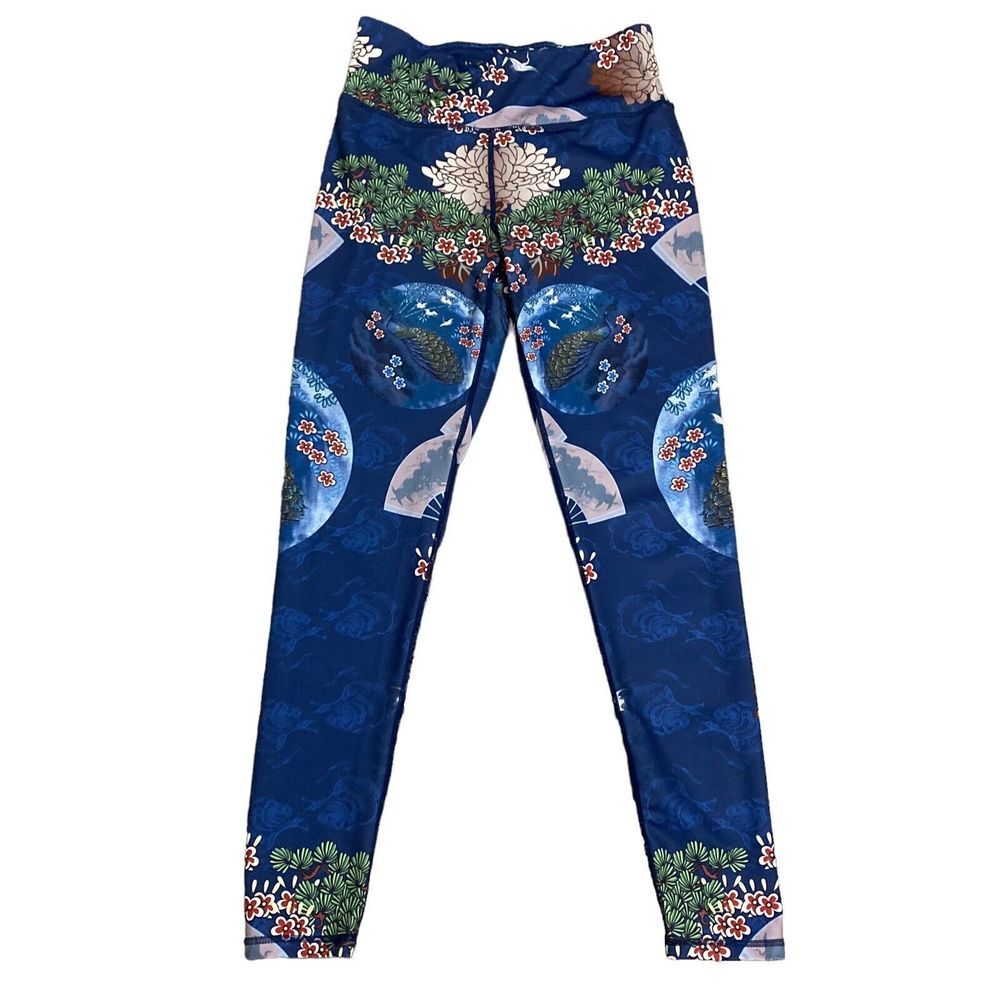 Mumuwu Multicolored  Floral Japanese Floral Asian Themed Leggings medium Blue